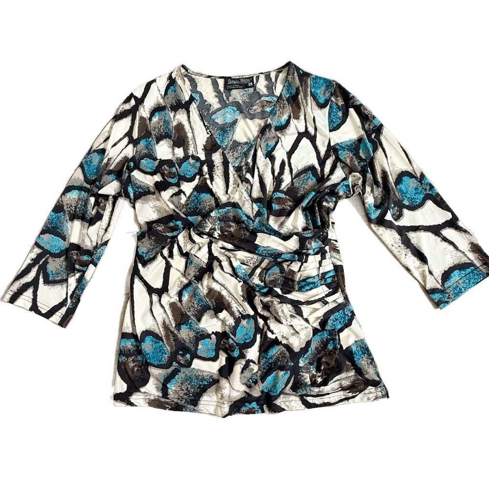 Tango Mango Women's V-Neck Wrap Top Size L Blue Black Abstract Print 3/4 Sleeve